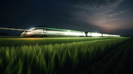 Speed passenger train moving in the night. Generative AI.の素材