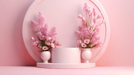 Podium with pink roses on pastel pink background to display products, gift or cosmetics. Generative AI.の素材