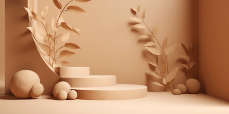 Beige podium for product display presentation. Sandstone and sandy colored plants. Generative AI.の素材