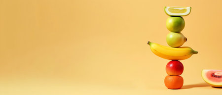 Equilibrium food balance diet concept. Balancing pyramid or tower of fruits. Generative AI.の素材