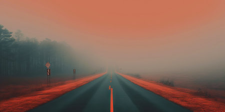 Misty empty road with trees on the side. Foggy highway. Mystery travel concept. Generative AI.の素材