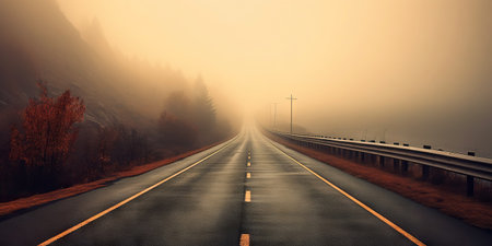 Minimalistic misty empty road. Foggy highway. Mystery travel concept. Generative AI.の素材