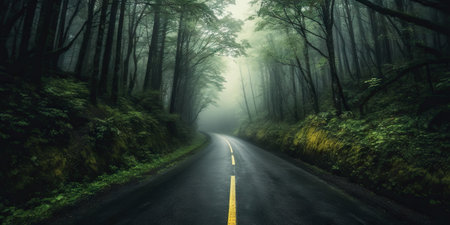Minimalistic empty highway in the forest. Road surrounded with trees. Travel concept. Generative AI.の素材