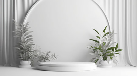 Podium with flowers on white background to display products, gift or cosmetics. Generative AI.の素材