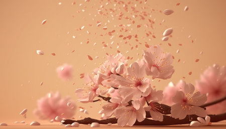 Petals of cherry blossom blown by the wind. Sakura flowers. Generative AI.の素材