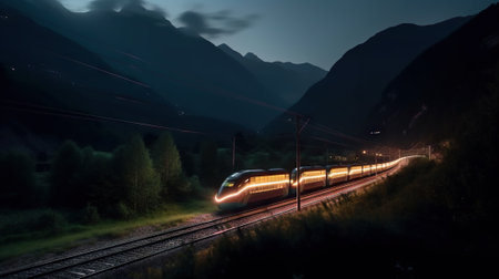 Speed passenger train moving in the night mountains covered with forest. Generative AI.の素材