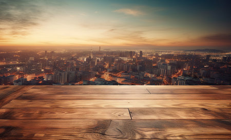 Wood table mockup with big city cityscape on background. Empty copy space for product presentation. Generative AI.の素材
