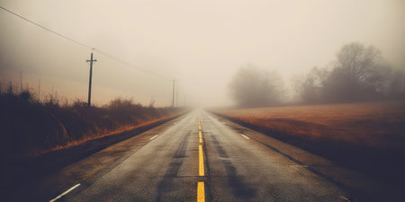 Misty empty road with trees on the side. Foggy highway. Mystery travel concept. Generative AI.の素材