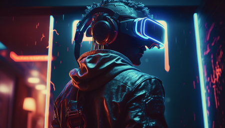 Cyberpunk character wearing VR glasses. Futuristic world of virtual reality. Generative AI.の素材