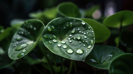 Closeup of Watermelon Peperomia tropical plant leaves with rain drops. Green natural backdrop. Generative AI.の素材