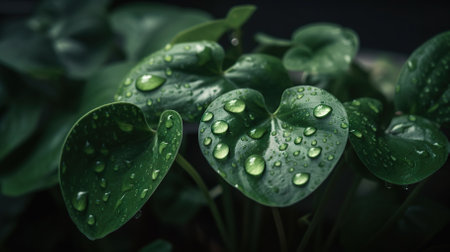Closeup of Watermelon Peperomia tropical plant leaves with rain drops. Green natural backdrop. Generative AI.の素材