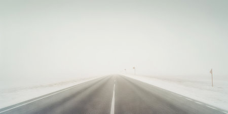 Minimalistic empty highway in winter. Road surrounded snow. Travel concept. Generative AI.の素材