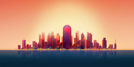 Panoramic cityscape in cyberpunk futuristic style. Towering skyscrapers in neon retrowave colors. Generative AI.の素材