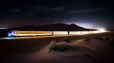 Speed passenger train moving in the night desert. Generative AI.の素材