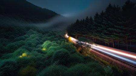 Speed passenger train moving in the night mountains covered with forest. Generative AI.の素材