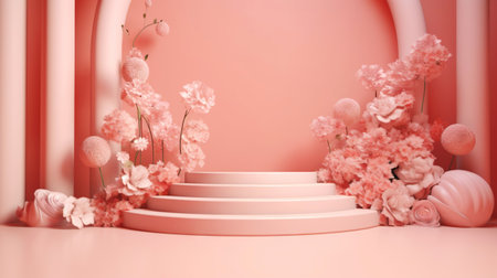 Podium with pink roses on pastel pink background to display products, gift or cosmetics. Generative AI.の素材