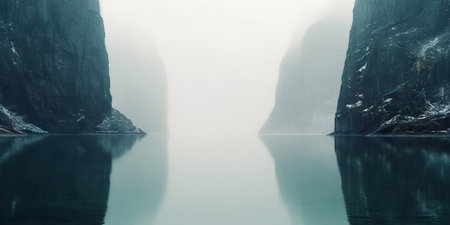 Fjord minimalistic landscape. Fog over mountains. Generative AI.の素材