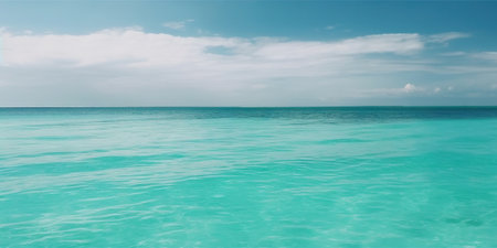 Panorama landscape of empty tropical turquoise sea and sky blue background. Generative AI.の素材