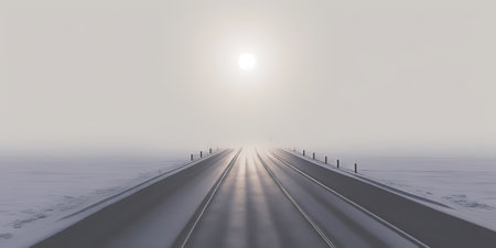 Minimalistic empty highway in winter. Road surrounded snow. Travel concept. Generative AI.の素材