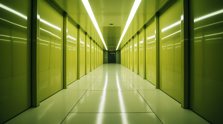 Green abstract futuristic tunnel with neon lines. Generative AI.の素材