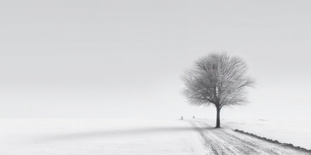 Minimalistic empty highway in winter. Road surrounded snow. Travel concept. Generative AI.の素材
