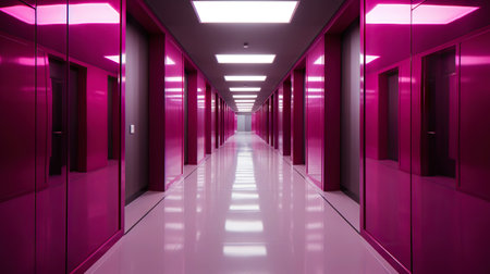 Violet abstract futuristic tunnel with neon lines. Generative AI.の素材