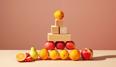 Equilibrium food balance diet concept. Balancing pyramid or tower of fruits. Generative AI.の素材