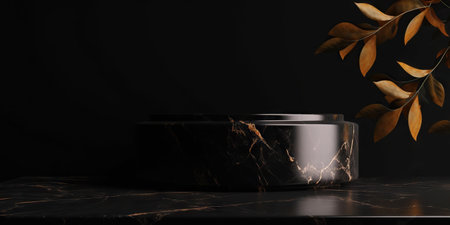 Podium made of black marble with gold, pedestal or platform. Advertising scene. Blank product stand. Generative AI.の素材
