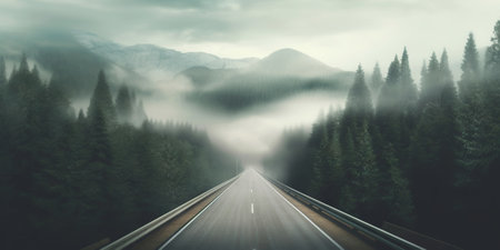 Minimalistic empty highway in the forest. Road surrounded with trees. Travel concept. Generative AI.の素材