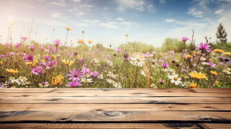 Wood table mockup with flowering spring meadow on background. Empty copy space for product presentation. Generative AI.の素材