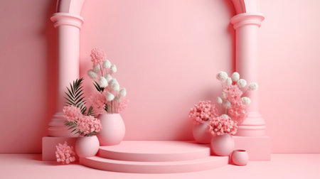 Podium with pink roses on pastel pink background to display products, gift or cosmetics. Generative AI.の素材
