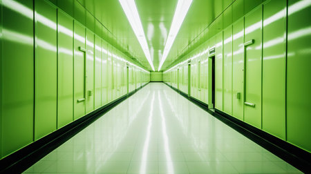 Green abstract futuristic tunnel with neon lines. Generative AI.の素材