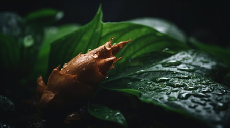Closeup of Ymyoga ginger tropical plant leaves with rain drops. Green natural backdrop. Generative AI.の素材