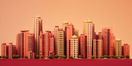 Panoramic cityscape in cyberpunk futuristic style. Towering skyscrapers in neon retrowave colors. Generative AI.の素材