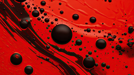 Abstract black paint drops mixed in red oil background. Non-mixing fluids pattern. Generative AI.の素材