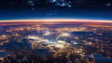 Panoramic view on planet Earth globe from space. Glowing city lights, light clouds. Generative AI.の素材