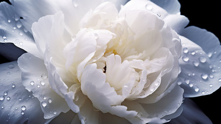 White Peony flowers with water drops background. Closeup of blossom with glistening droplets. Generative AI.の素材