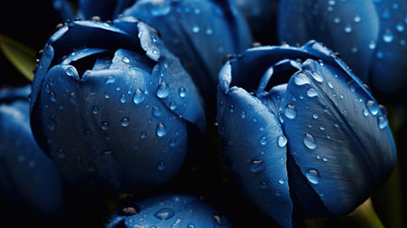 Blue Tulips flowers with water drops background. Closeup of blossom with glistening droplets. Generative AI.の素材