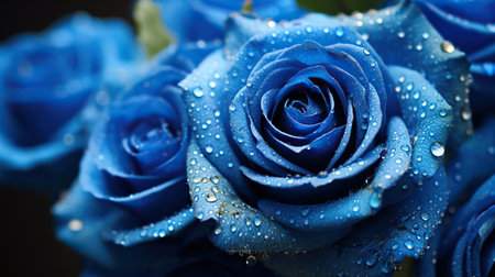 Blue Roses flowers with water drops background. Closeup of blossom with glistening droplets. Generative AI.の素材
