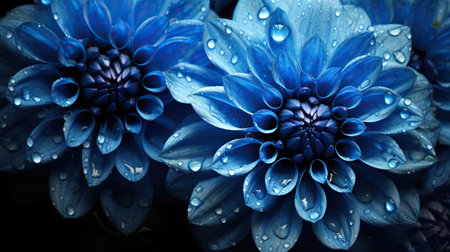 Blue Dahlia flowers with water drops background. Closeup of delicate blossom with glistening droplets. Generative AI.の素材