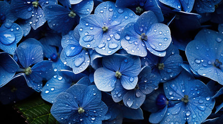 Blue Hydrangeas flowers with water drops background. Closeup of blossom with glistening droplets. Generative AI.の素材