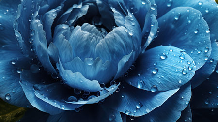 Blue Peony flowers with water drops background. Closeup of blossom with glistening droplets. Generative AI.の素材