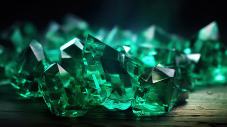 Amazing bright and shiny Emerald crystal cluster background. Jewel mineral detailed macro. Generative AI.の素材