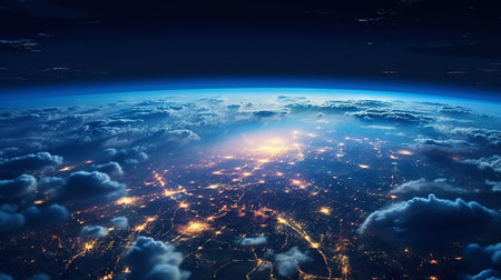 Panoramic view on planet Earth globe from space. Glowing city lights, light clouds. Generative AI.の素材