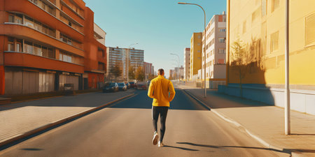 Man running on city street. Urban workout. Generative AI.の素材