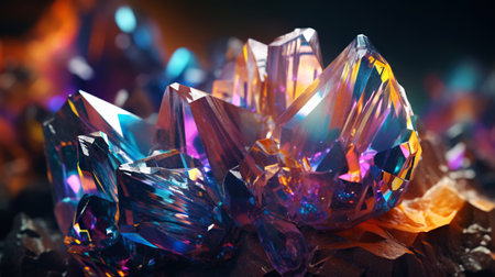 Amazing bright and shiny Luz Opal crystal cluster background. Jewel mineral detailed macro. Generative AI.の素材