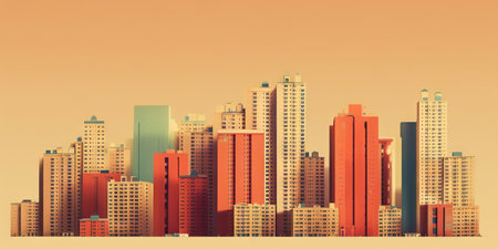 Panoramic cityscape in cyberpunk futuristic style. Towering skyscrapers in neon retrowave colors. Generative AI.の素材