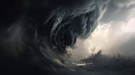 Dramatic vortex of clouds or smoke background. Vapor swirls. Generative AI.の素材