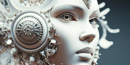 Portrait of female humanoid robot made of white plastic and glass. Android face. Synthetic life. Generative AI.の素材