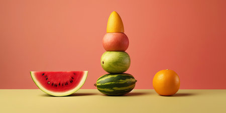 Equilibrium food balance diet concept. Balancing pyramid or tower of fruits. Generative AI.の素材